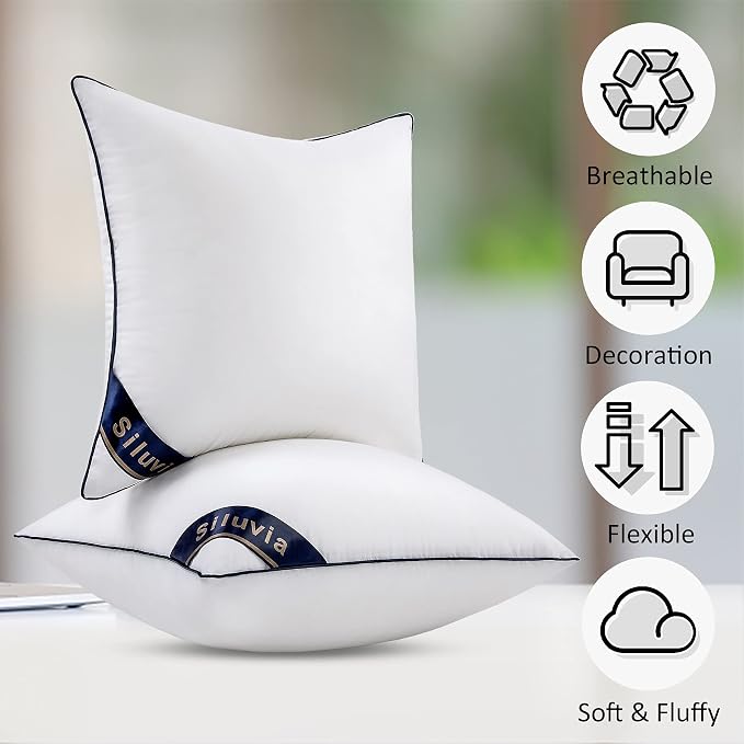 Siluvia 20x20 Down Alternative Pillow Insert 2 Pack, 100% Cotton Cover | 100% Premium Polyester Fill, Fluffy & Soft with Comfy Support - White Decorative Cushion Inserts for Couch, Sofa & Bed