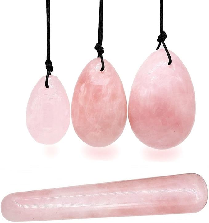 4Pcs Set Jade Yoni Eggs Stick,3 Pcs Drilled Natural Rose Quartz Crystal Jade Eggs Massage Stone + 1 Pcs Massage Stick for Women Kegel Exercise Strengthen Pelvic Floor Muscles