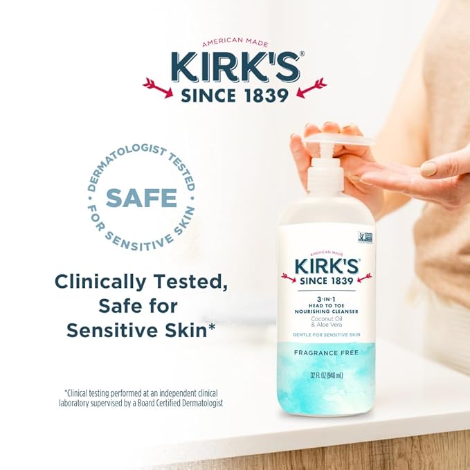 Kirk's 3-in-1 Head to Toe Nourishing Liquid Cleanser- for Men, Women & Children - Premium Coconut Oil & Aloe Vera- Non GMO & Vegan -Fragrance Free - 32 Fl Oz. - 2 Pack