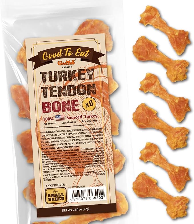 Gootoe Turkey Tendons, Dog Treats for Small Breeds, Bone (S), 6 Counts