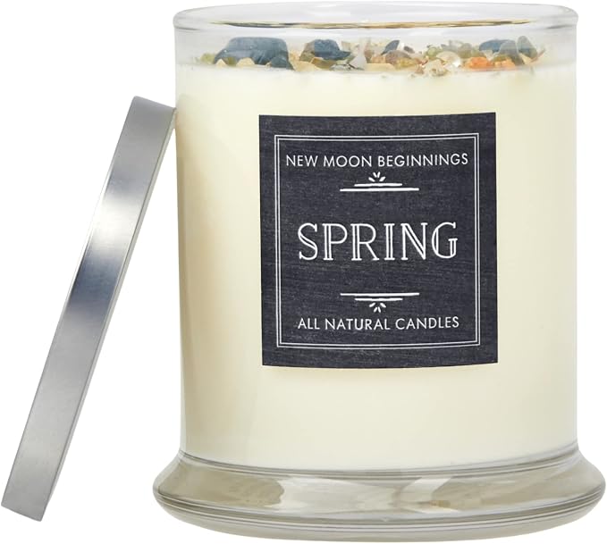 Spring Candle by New Moon Beginnings - Rosemary & Citrus Candle - Soy Candle - All Natural Aromatherapy Essential Oil Candle - Herb & Crystal Candle - Energy Cleansing Candle - 12 oz Glass Jar