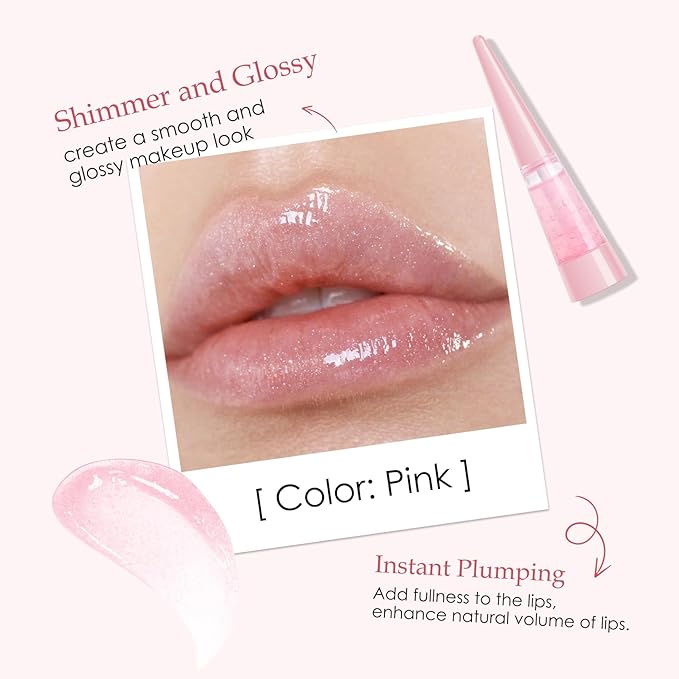 Lip Plumper, Extreme Plumping Lip Fuller, Hydrating and Transparent Lips Balm, Volumizing formula, Youthful Fuller Gloss, Smoother Lips and High Glossy, Non-Sticky - Pink, 0.21 Fl Oz