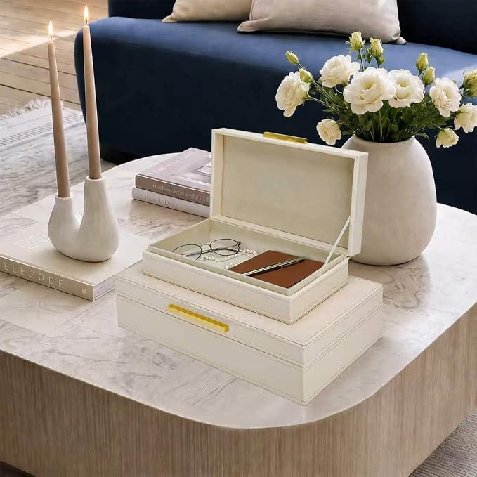 Decorative Storage Boxes with Lids, Set of 2 PU Leather Memory Box for Keepsakes, Beautiful Large Decorative Box for Home Decor – Safely Store Jewelry, Documents & Photos (Beige)