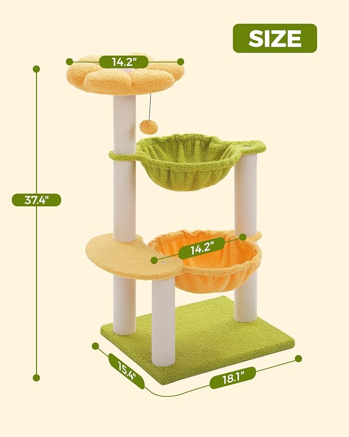 37.4" Flower Cat Tree with 2 Hammocks & 6 Sisal Posts, Yellow | Flower top perch, 2 spacious hammocks, 6 sisal posts, Cute small tower, For indoor kittens, Sturdy build