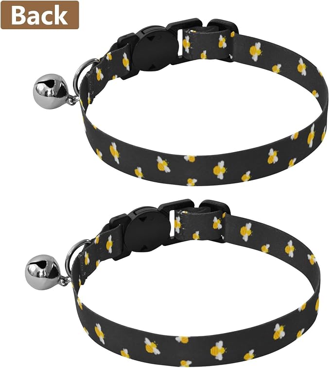 2 Pack Dog Collar Cute Bees Black Puppy Collar with Bell, Adjustable 10.6 to 17.1 Inches