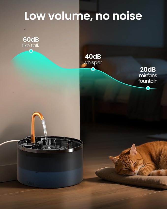 MISFANS Cat Water Fountain with 3-Pack Replaceable Filters,Copper Faucet | 71oz/2.1L Cat Fountain for Drinking, MISFANS-Designed Pump & Filter, Plastic Automatic Pet Water Fountain Bowl & Dispenser