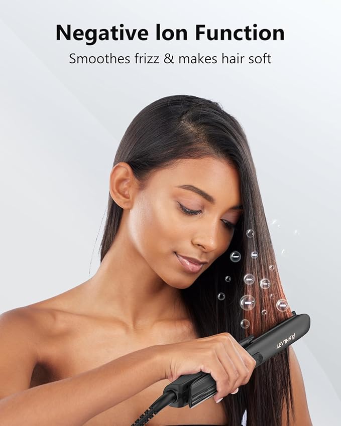 Annlary Hair Straightener 1 Inch Flat Iron and Curler 2 in 1 Titanium Ceramic Ionic Dual Voltage Straightener with Heat-Resistant Silicone, for Less Frizz, Shinier & Smoother
