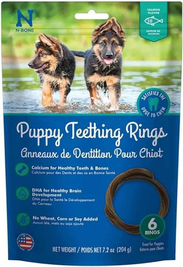 N-Bone Puppy Teething Rings, Salmon Flavor, Natural Puppy Teething Chews & Chew Treats, Helps Soothe Teething Gums, Calcium Enriched, 6 Rings