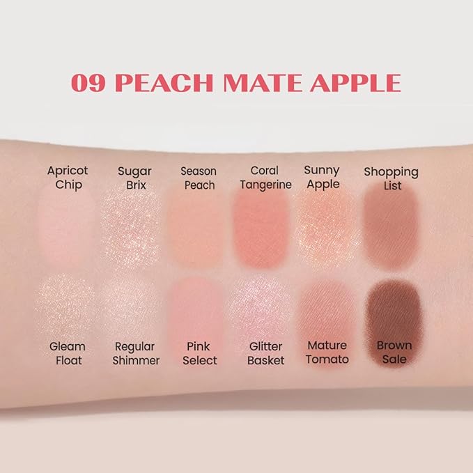 CLIO Pro Eye Palette Air, 12-Color Eye Shadow Palette, Matte Shimmer Mix, Air-Fit Blendable Pigmented Buildable Color, Low Fallout, Peach Coral Neutral Tone, Daily Korean Makeup (09 PEACH MATE APPLE)