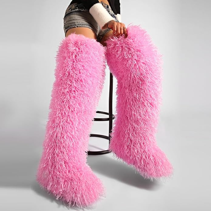 SWEETHEART BEAUTY Thigh High Shagy Teddy Fur Boots, 29 Inch Over the Knee Length Fluffy High Boots, Tall Furry Shoes For Women