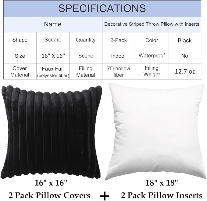Decorative Throw Pillow with Inserts, Set of 2 Soft Faux Fur Throw Pillows, Square Boho Striped Pillow for Couch, Bed, Sofa Decor(Black, 16" x 16")