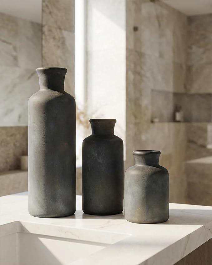 Black Ceramic Vase Set of 3, Vintage Brushed Gold Effect for Home Decor | Matte rustic flower vases for living rooms, dining tables, mantels and centerpieces