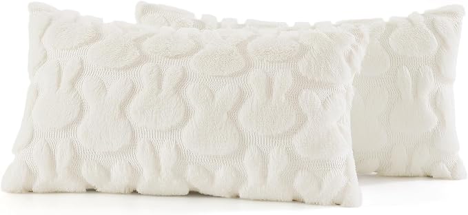 decorUhome Cream White Faux Fur Bunny Throw Pillow Covers 12x20 Set of 2 | Plush Soft Wool Jacquard Cream White Rabbit Cushion Covers, Modern Farmhouse Easter Holiday Decor PillowCases for Sofa Bed