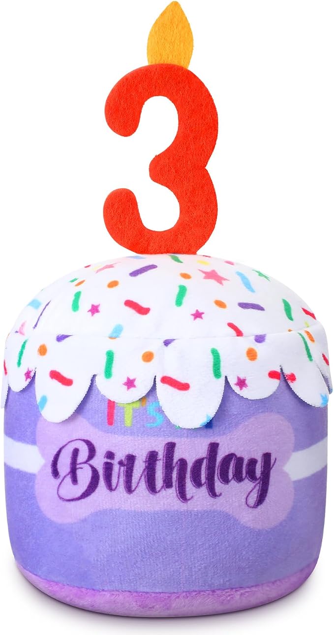 Dansydaisy Dog Birthday Cake Toy Squeaky Plush Gift,3rd,Purple