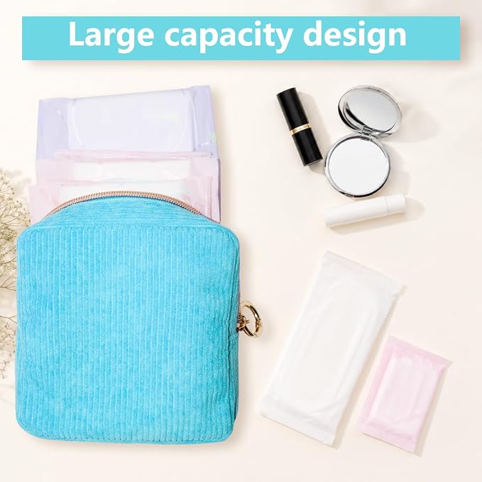 Period Bag for Girls, Corduroy Period Kit with Sanitary Pad Pouch, Menstrual Storage Bag and Tampon Holder for Purse, Girls School Essentials,Feminine Care Organizer(Sky Blue)