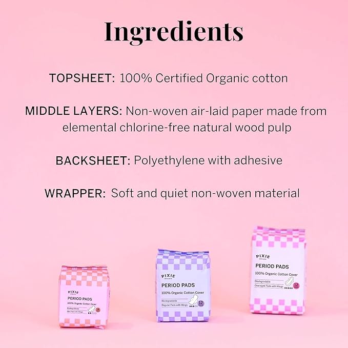 Pixie Organic Cotton Ultra Thin Overnight Pads for Women - Extra Heavy Absorbency with Wings - Leak-Proof, Hypoallergenic & Unscented - Compostable, Biodegradable - FSA Eligible - 12 Count