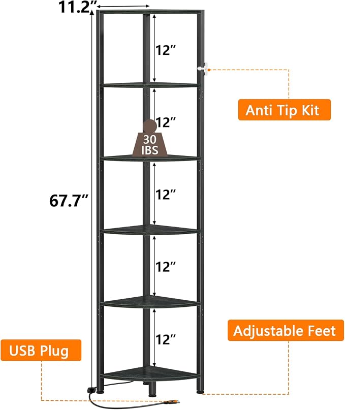 6 Tier Corner Shelf with LED Light, 67.5" Black Narrow Bookshelf | Tall Standing Shelf Organizer, Storage Rack for Wall Corner, Living Room, Bedroom, Metal Frame, Wood Display Shelf