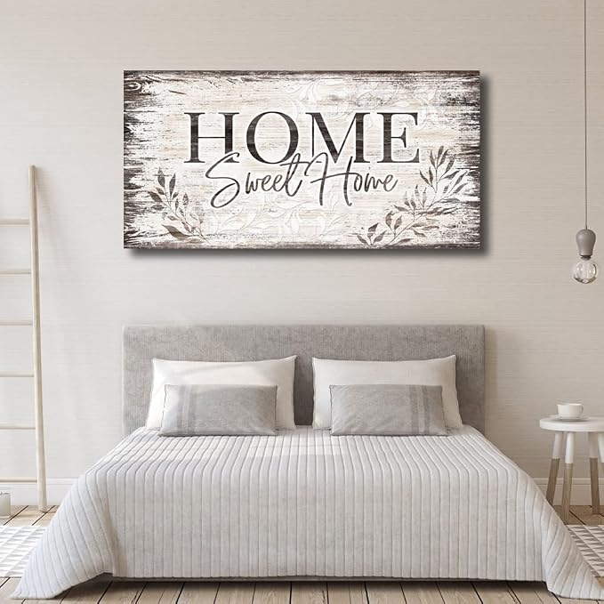 arteWOODS Home Sweet Home Wall Art Sign Large Dark Brown Farmhouse Wall Sign for Living Room Decoration Wooden Board Design Canvas Prints Modern Rustic Artwork Leaf Pictures Wall Decor 29" x 58"