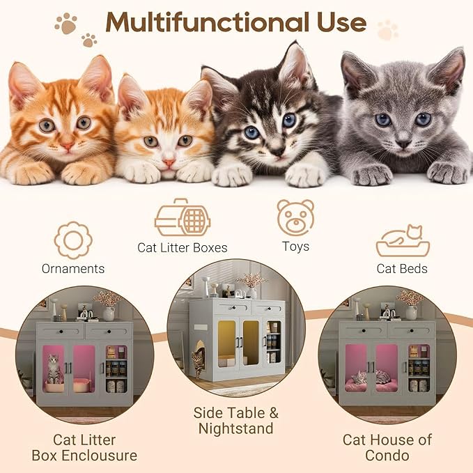 Cat Litter Box Enclosure Furniture with Glass Doors & LED Light, Large Hidden Litter Box Cabinet with Drawers and Adjustable Shelf, Modern Cat Litter Box Cover Side Entry for Living Room Bedroom,Gray