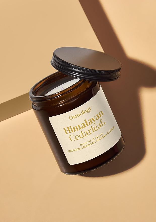 Osmology Himalayan Cedarleaf Aromatherapy Candle – Lemon, Patchouli & Cedarleaf Scented Candle, Plant-Based Wax in Amber Apothecary Jar, 7 oz, 50 Hour Burn Time, Warm & Woody Candle