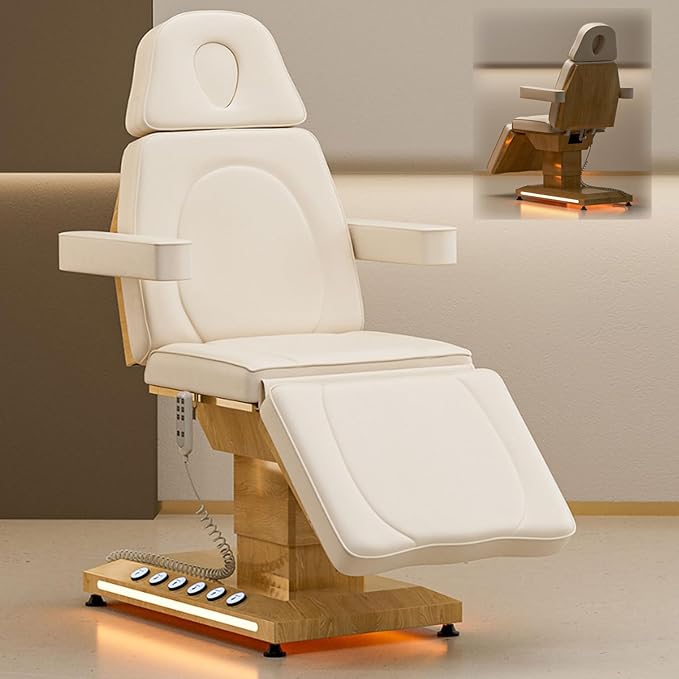 Icoget Professional Esthetician Bed with LED Light, Fully Electric Massage Table 3 Motor, Motorized Adjustable Spa Chair Facial Bed for Beauty Salon, Medical, Off-White