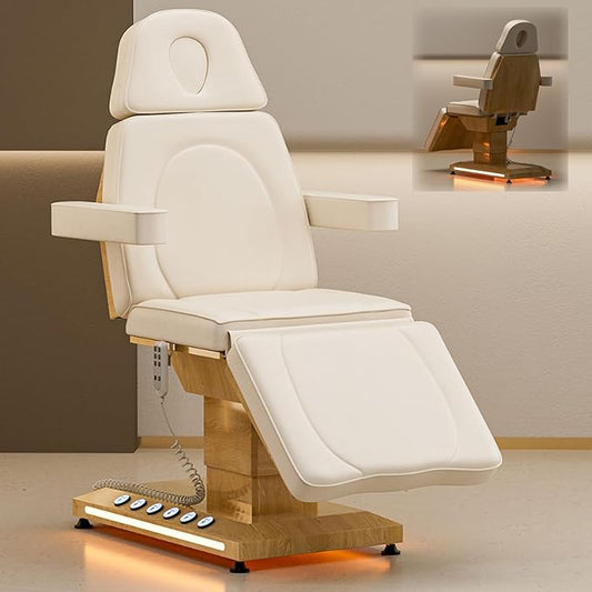 Icoget Professional Esthetician Bed with LED Light, Fully Electric Massage Table 3 Motor, Motorized Adjustable Spa Chair Facial Bed for Beauty Salon, Medical, Off-White