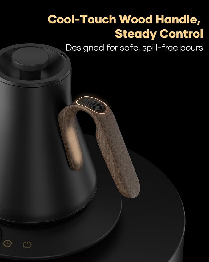 Cocinare Gooseneck Electric Kettle, ±1°F Precise Temperature Control, 1500W Fast Heating, Pour Over Coffee & Tea Kettle with Brew Timer & Keep Warm, Stainless Steel, 0.9L (Goya Walnut)