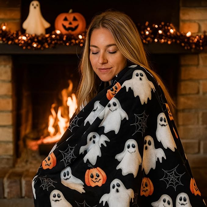 Halloween Cute Fleece Throw Blanket, Jack-O-Lanterns, Ghosts & Webs, 50x70 | Ultra-soft cozy flannel fleece, for sofa couch bed chair & dorms, spooky Halloween décor, durable and machine washable.