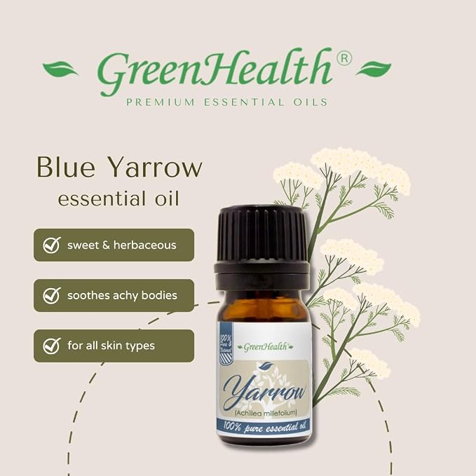 Yarrow (Blue) Essential Oil – 5 ml – 100% Pure & Natural – Therapeutic Grade – Achillea millefolium – Calming & Skin-Soothing – Amber Glass Bottle with Euro Dropper – GreenHealth