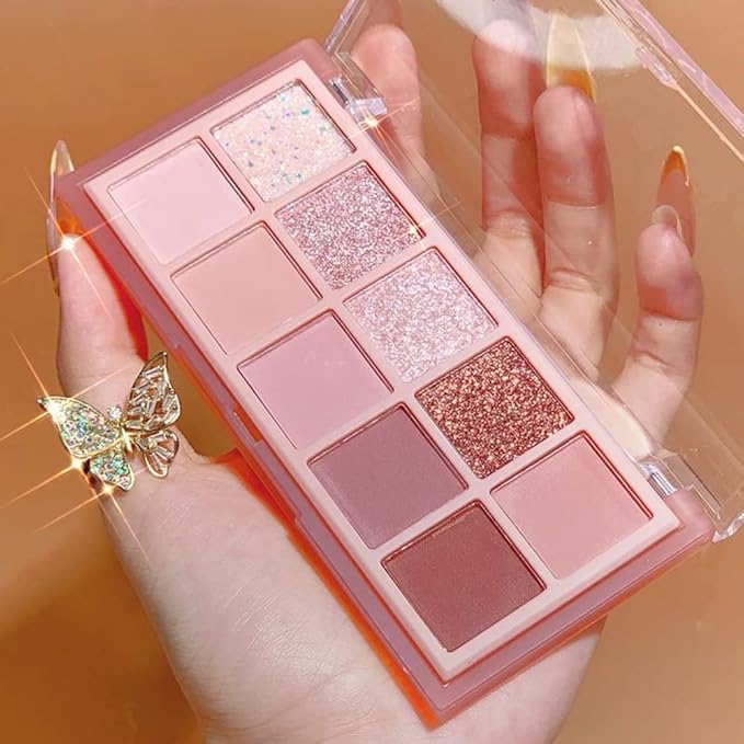 Erinde 10 Colors Eyeshadow Palette Makeup - Matte Shimmer Glitter Eye Shadow, Natural-Looking Korean Eye Makeup, Ultra-Blendable, High Pigmented, Pink Christmas Eyeshadow Palette with Brush, Rose Pink