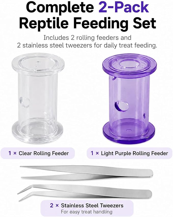2 Pack Reptile Rolling Feeders with 2 Feeding Tweezers, Transparent Mealworm Treat Dispenser Toy for Bearded Dragons, Leopard Geckos, Lizards and Small Reptiles