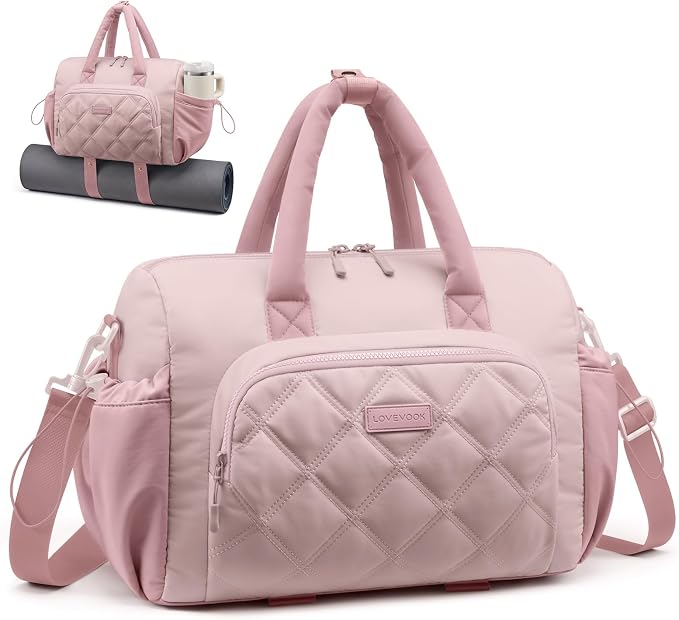 LOVEVOOK Small Gym Bag for Women with Yoga Mat Holder, Workout Bag with Large Tumbler Holder Pocket,Carry on Bag for Workout Dance Pilates Ballet Swimming Travel，Pink