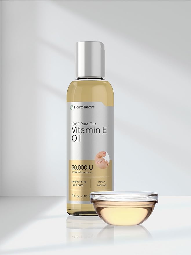 Horbäach Vitamin E Oil For Skin and Face | 4 fl oz | 100% Pure Oils | Moisturizing Skin Care | Non-GMO, Vegetarian | Lemon Scented
