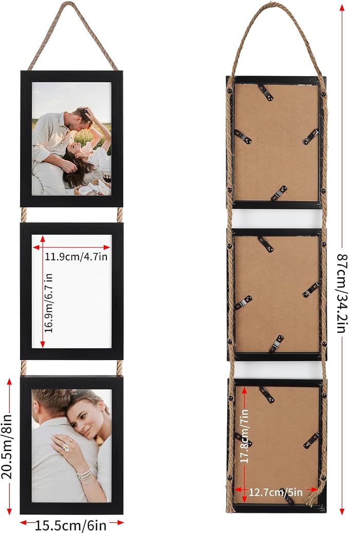 QUTREY 5x7 Collage Picture Frames Black, 6 Openings Vertical Hanging Photo Frame Set Display 5 by 7 inch Pictures for Wall Decor, 2 Pack