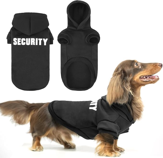 BINGPET Security Dog Hoodie, Dachshund Sweater Clothes with Leash Hole | Warm Dog Sweatshirt for Small Medium Large Dogs, All-Season Cold Weather Comfort & Fit, Winter Hooded Pullover Outfit,Black