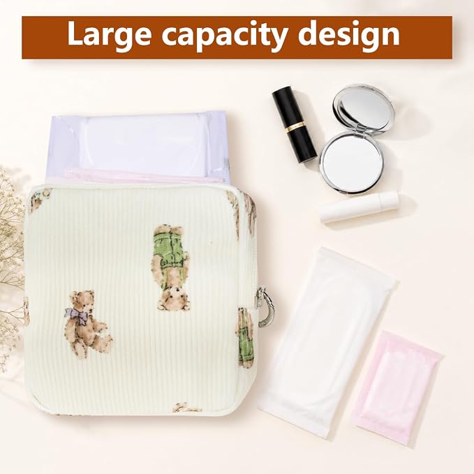 Period Bag for Girls, Corduroy Period Kit with Sanitary Pad Pouch, Menstrual Storage Bag and Tampon Holder for Purse, Girls School Essentials,Feminine Care Organizer(Cute Bear)