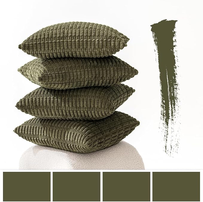 MIULEE Pack of 4 Corduroy Decorative Throw Pillow Covers 18x18 Olive Green | Neutral Rustic Farmhouse Boho Soft Striped Pillow Covers,Home Decor for Sofa,Living Room,Couch,Bed