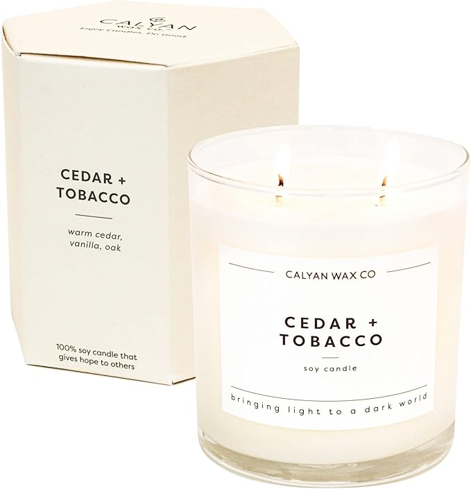 Calyan Wax Co. Cedar & Tobacco 2 Wick Scented Candle - 37 Hour Burn - Luxury Clean Soy Wax Candles - Long Lasting Large Glass Jar Candle for Home - 8.8oz
