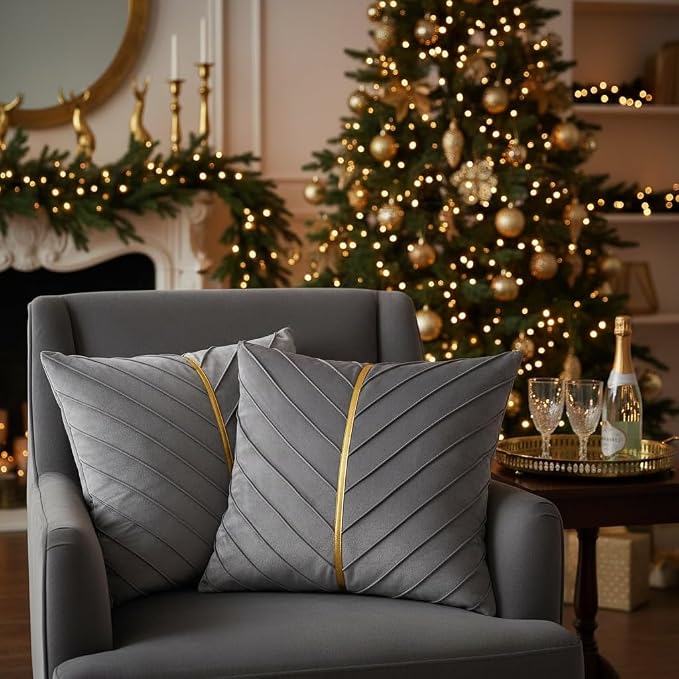 Velvet Throw Pillow Covers 18x18 inch Pack of 2 Gold Decor Gray | Soft Solid Pillow Covers,Modern Luxury Home Decor,for Couch Chair Sofa Bedroom Livingroom,Hidden Zipper,Ideal Gift,Easy Care
