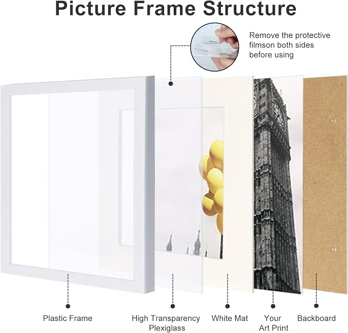 10x10 Picture Frame Set of 9, Display Pictures 8x8 with Mat or 10x10 without Mat, Multi Collage Gallery Square Photo Frames for Wall or Tabletop, White