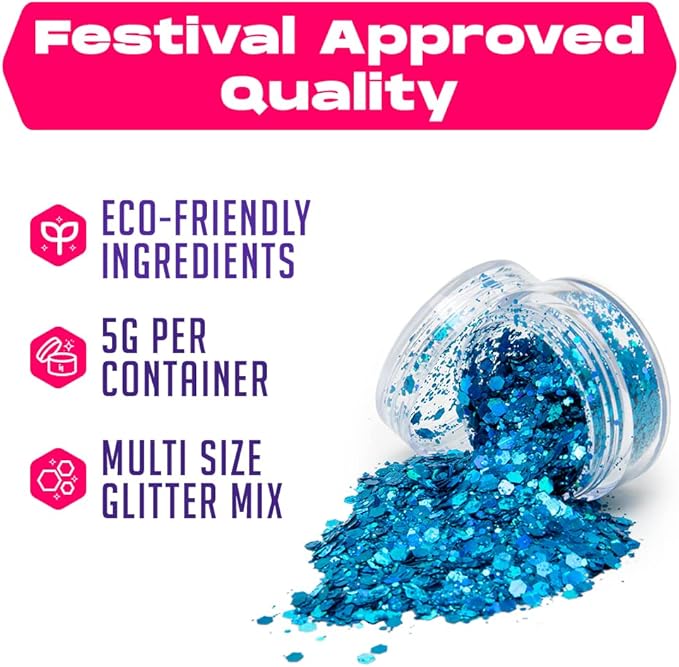 Blue Biodegradable Glitter Makeup | Plant Based, Eco Friendly, Hair Glitter, Face Glitter or Body Glitter | Cosplay EDM Music Festival and Rave Makeup Accessory | 5 Grams of Chunky Glitter