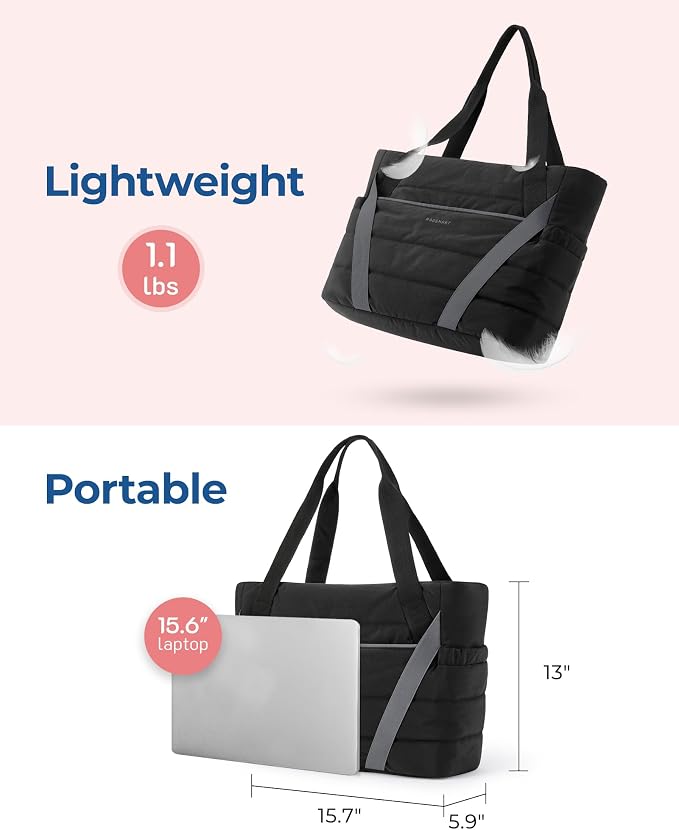 BAGSMART Tote Bag for Women with Zipper and Yoga Mat Straps Quilted Gym Tote for Travel, Work, Sport