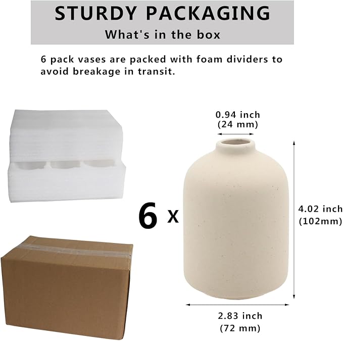 YANLING 6 Pack Small Boho Vase for Flowers Home Decor, Ceramic Vases | for Pampas Grass Simple Shelf Vase, Bud Vases for Wedding Dinner Table Party