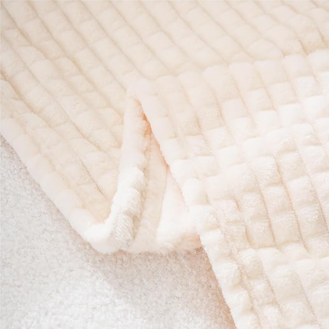 Puncuntex Fleece Throw Blanket Cream White 50"×60" with Square Grid Design | Super Soft Plush Cozy Flannel Throw Blanket Luxury for Couch Sofa Chair