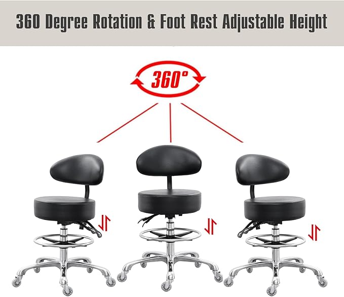 Grace&Grace Drafting Chair Big Cushion Rolling Stool with Back, Tall Shop StoolRolling Chair with Footrest for Studio, Workshop, Classroom, Lab, Counter, Home Office (Black)