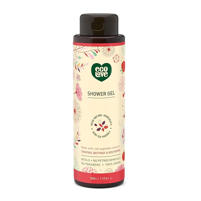 ecoLove - Natural Moisturizing Body Wash for Dry Skin - Organic Tomato and Beetroot - No SLS or Parabens - Vegan and Cruelty-Free Shower Gel, 17.6 oz