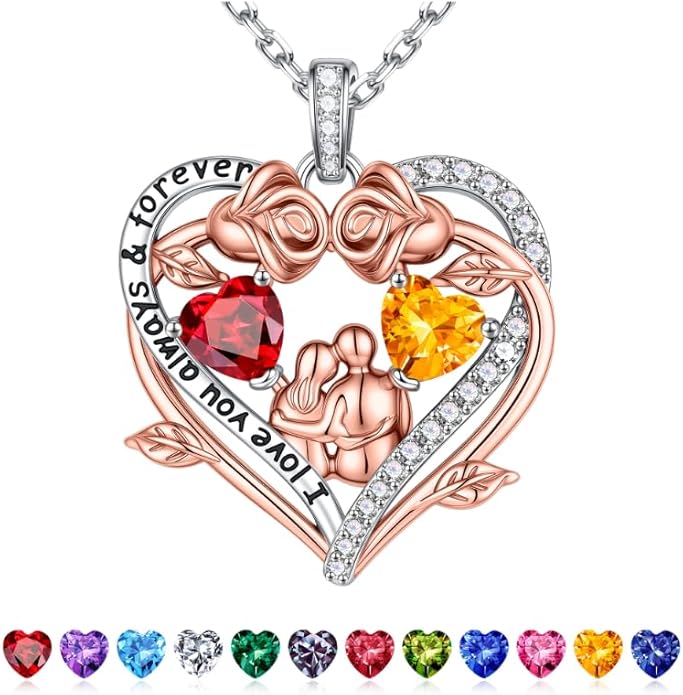 Iefil Valentines Gifts for Her Wife - 925 Sterling Silver Double Heart Birthstone Necklace, Anniversary Birthday Gifts for Women Wife Girlfriend