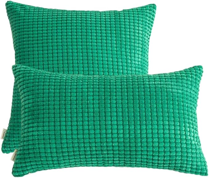 Pack of 2 Size bundel Polyester Blend Soft Hand Feeling Throw Pillows (with Insert) Size 18"x18" and 12"x20" one of Each (Grass Green)