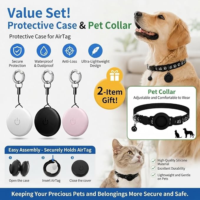 Smart Pet Tracker AirTags & Collars Set (2 Pack),for Apple Find My Certified Bluetooth Item Finder for Cats and Small Dogs, Waterproof GPS-Style Locator Tag with Replaceable Battery(Black)