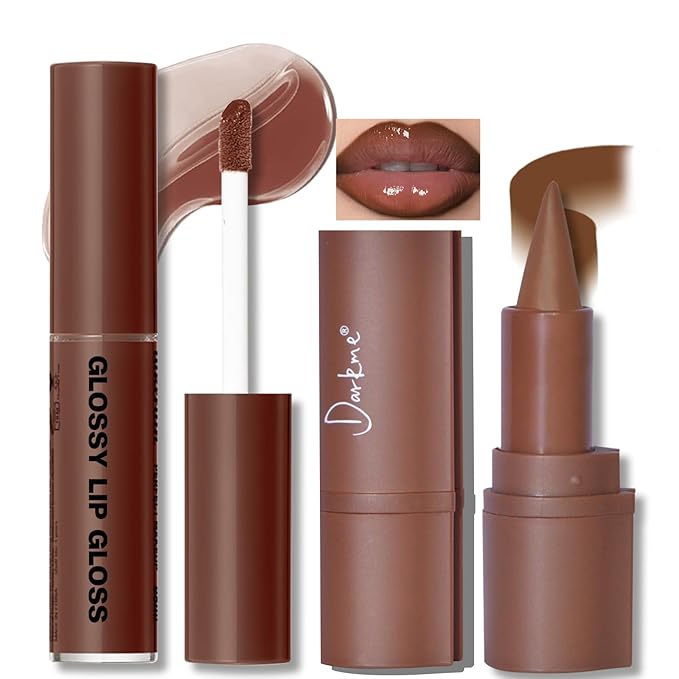 Lip Liner Gloss Set, Light Brown Plumping Lip Liner Lip Pencil Moisturizing Lightweight Lip Gloss Lip Combo, High Shine Glossy Lip Tint Lip Stain Makeup Long Lasting Lip Contour for Women